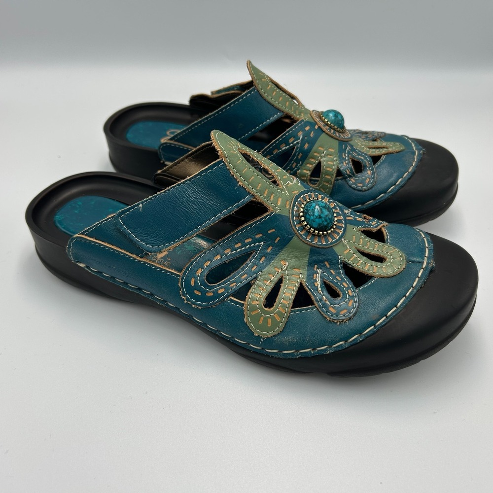 Elite Corkys Leather Sandals Mule Boho Womens 10 Floral Artsy Tropical Blue Teal